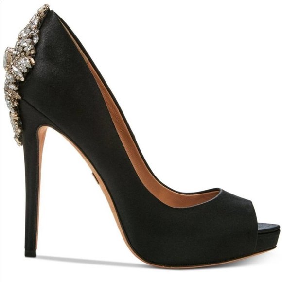 Badgley Mischka Shoes - Badgley Mischka Black Satin Jeweled Kiara Peep Toe Heels Size 9.5